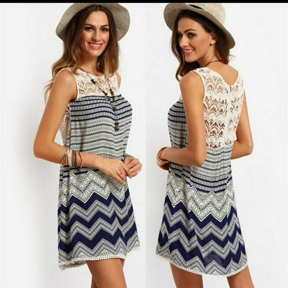 Bohemian Style Print Lace Patchwork Dress Medium - Picture 7 of 9